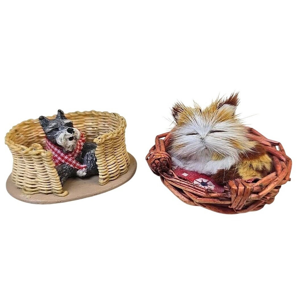 Miniature Cat Kitten in Wicker Basket Real Fur & Chalkware Scottish Terrier